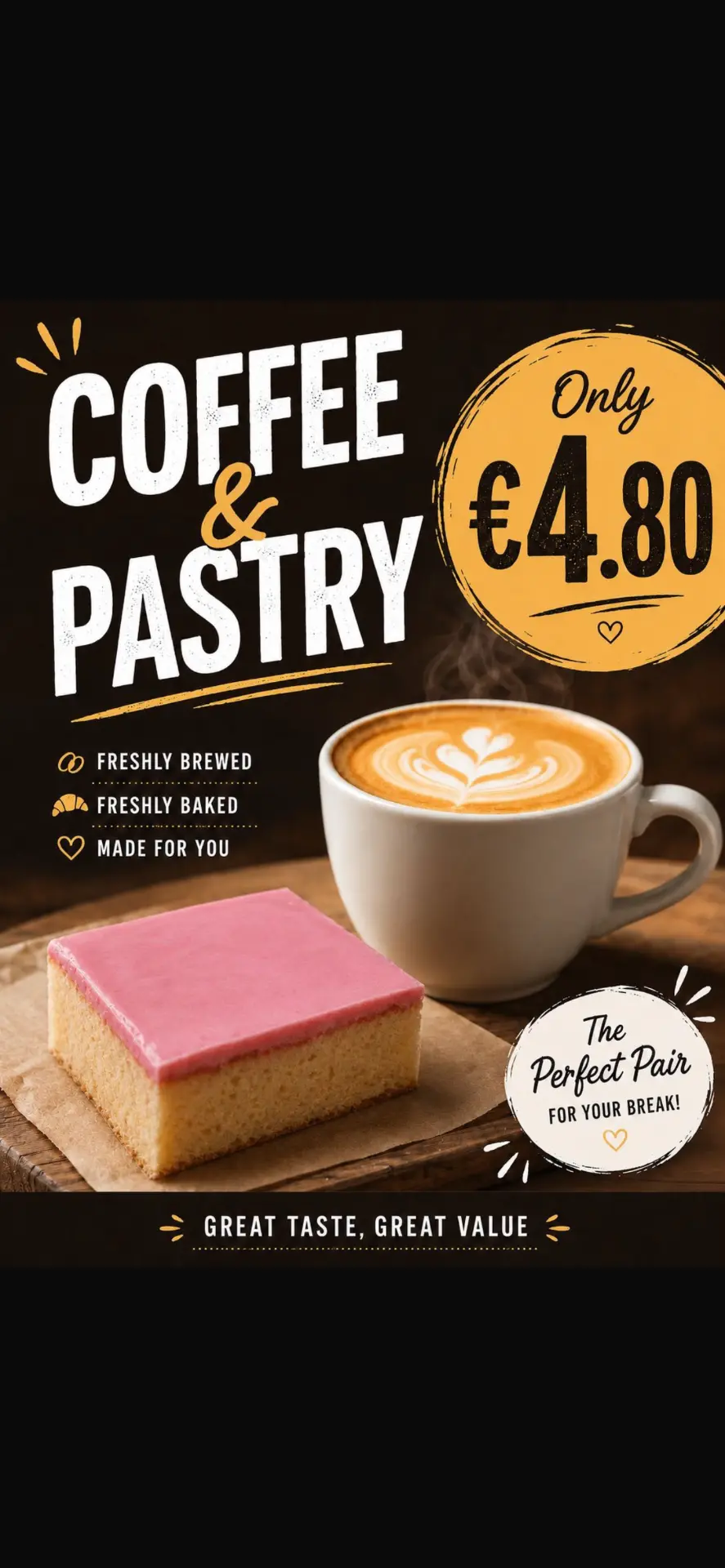 Coffee and pastry combo: freshly brewed coffee with a freshly baked pastry