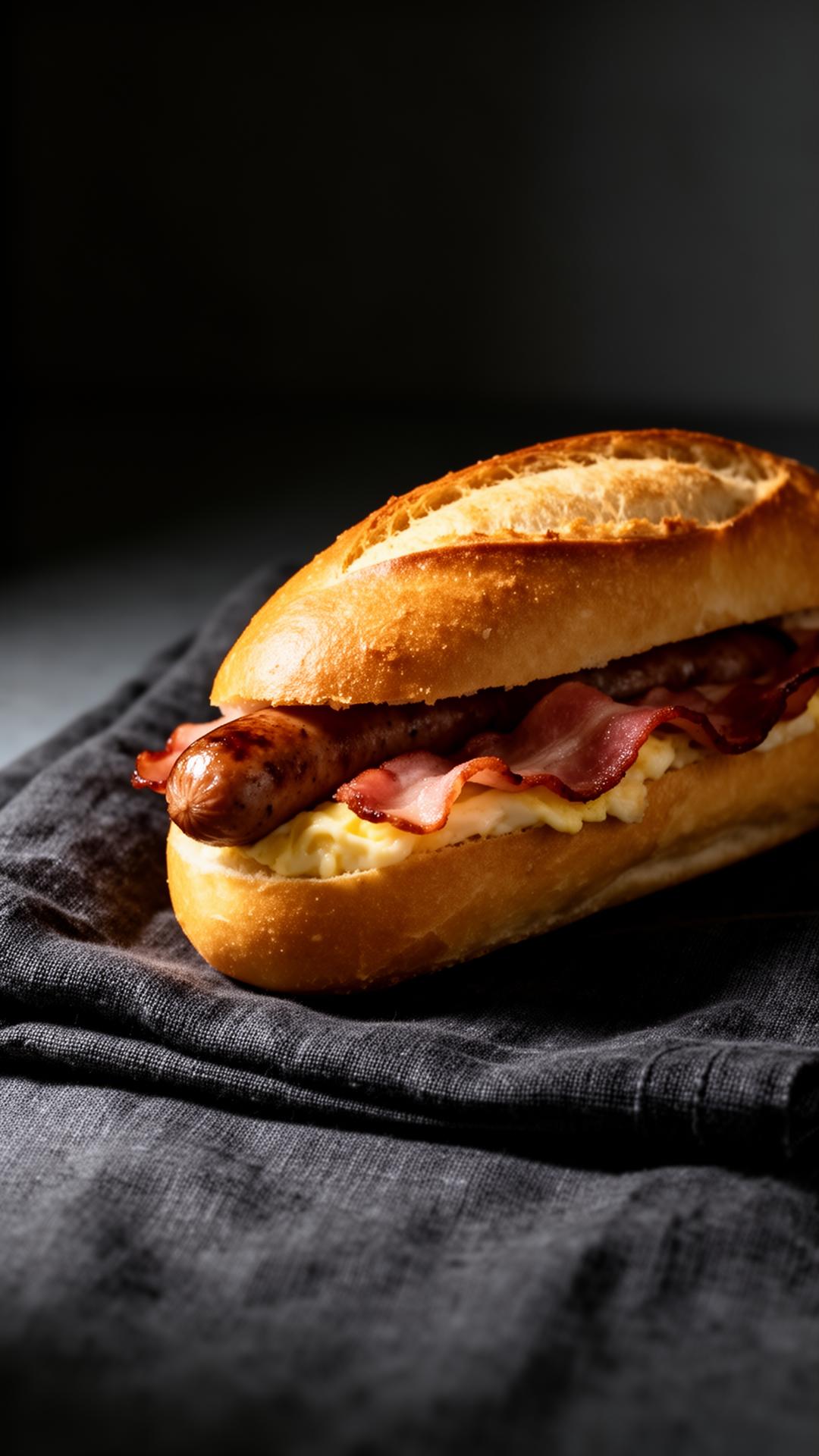 Signature O'Donovan breakfast roll with sausage and bacon on dark linen