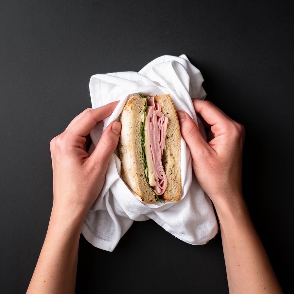 Hands wrapping a sandwich in white linen on a dark surface